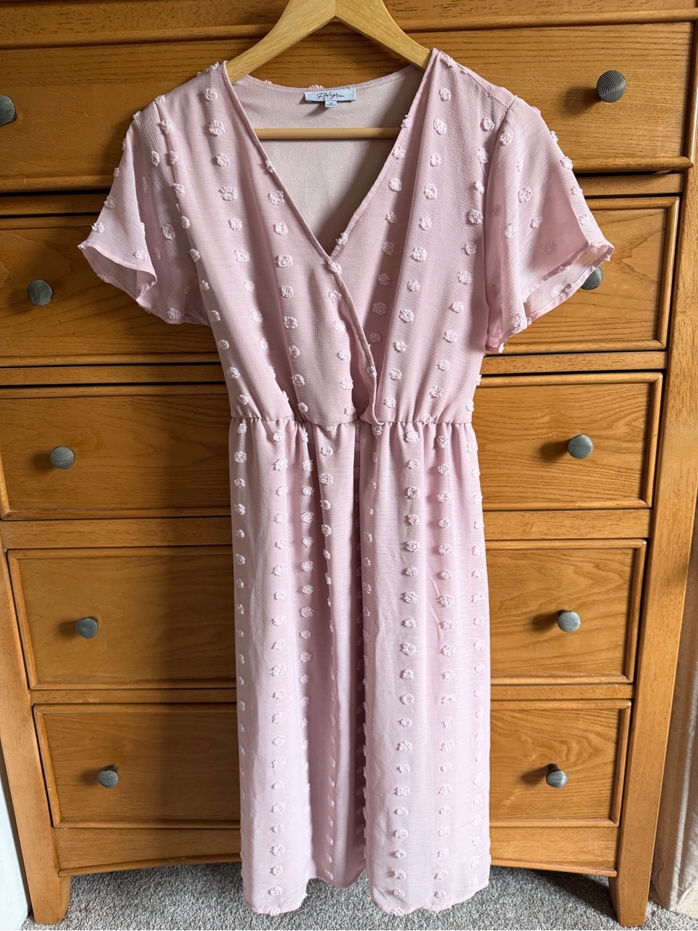 Polagram Pink Swiss Dot Midi Dress Womens Size Medium Rear Tie Cottagecore